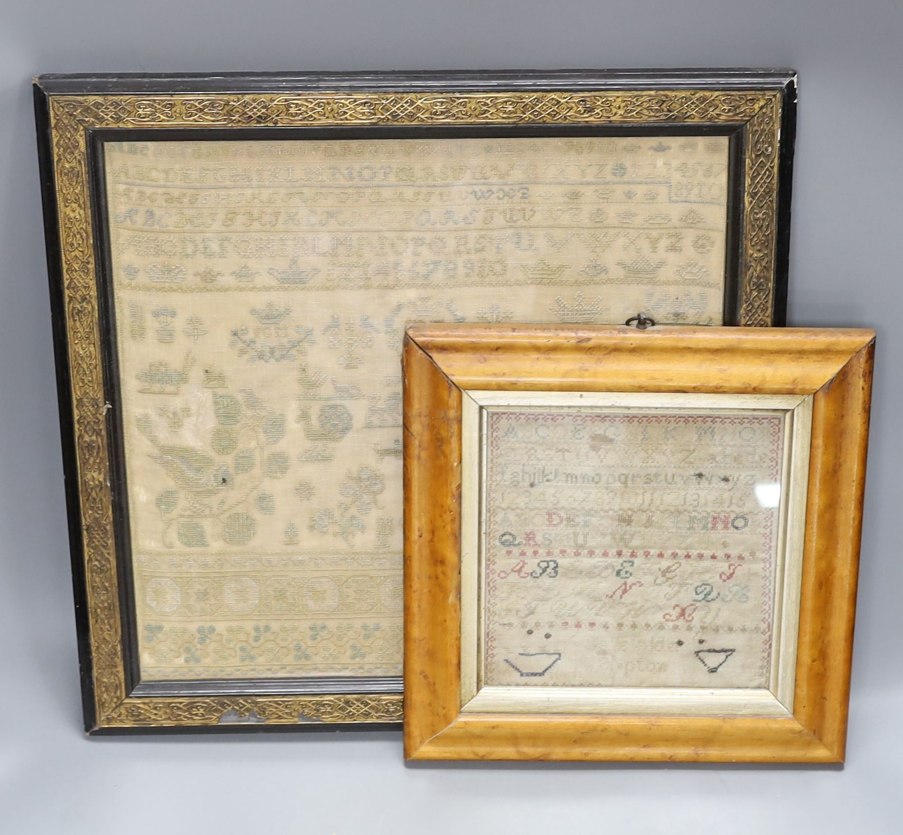 A George III 1794 sampler and a 19th century Jane Alder Shipton sampler. Largest 36x37cm excl frame